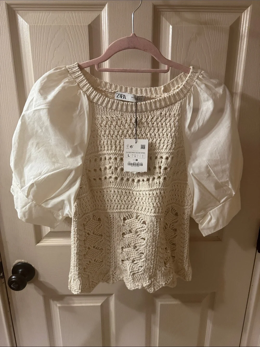 Zara Cream Crochet Puff-Sleeve Knit Top